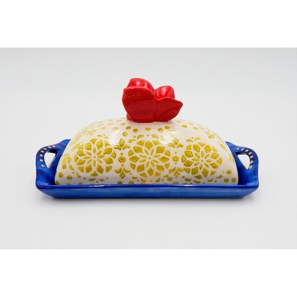 Butterfly Butter Dish Pier 1 One Imports Hand-Painted Stoneware Red Blue & Green - Picture 1 of 7